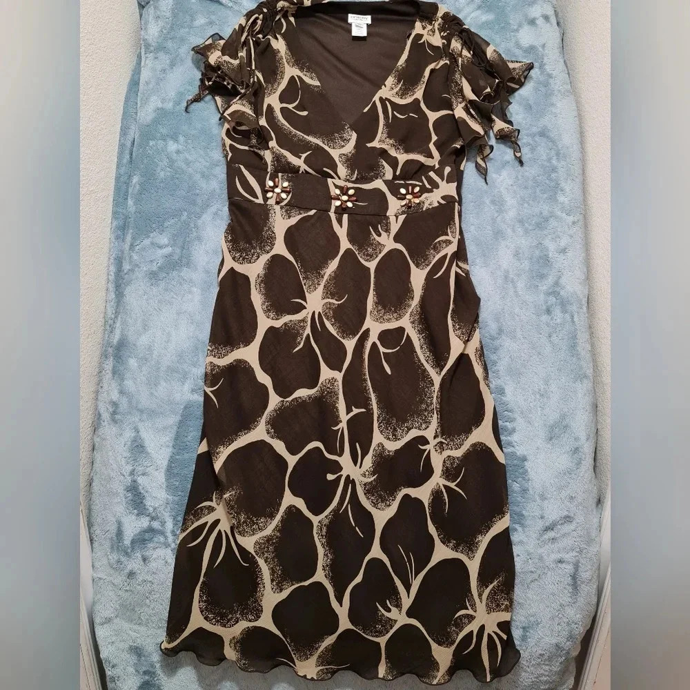 Dorby Dress Women's 10 Flower Print Embellishments Brown Cream Sleeveless - Picture 2 of 9